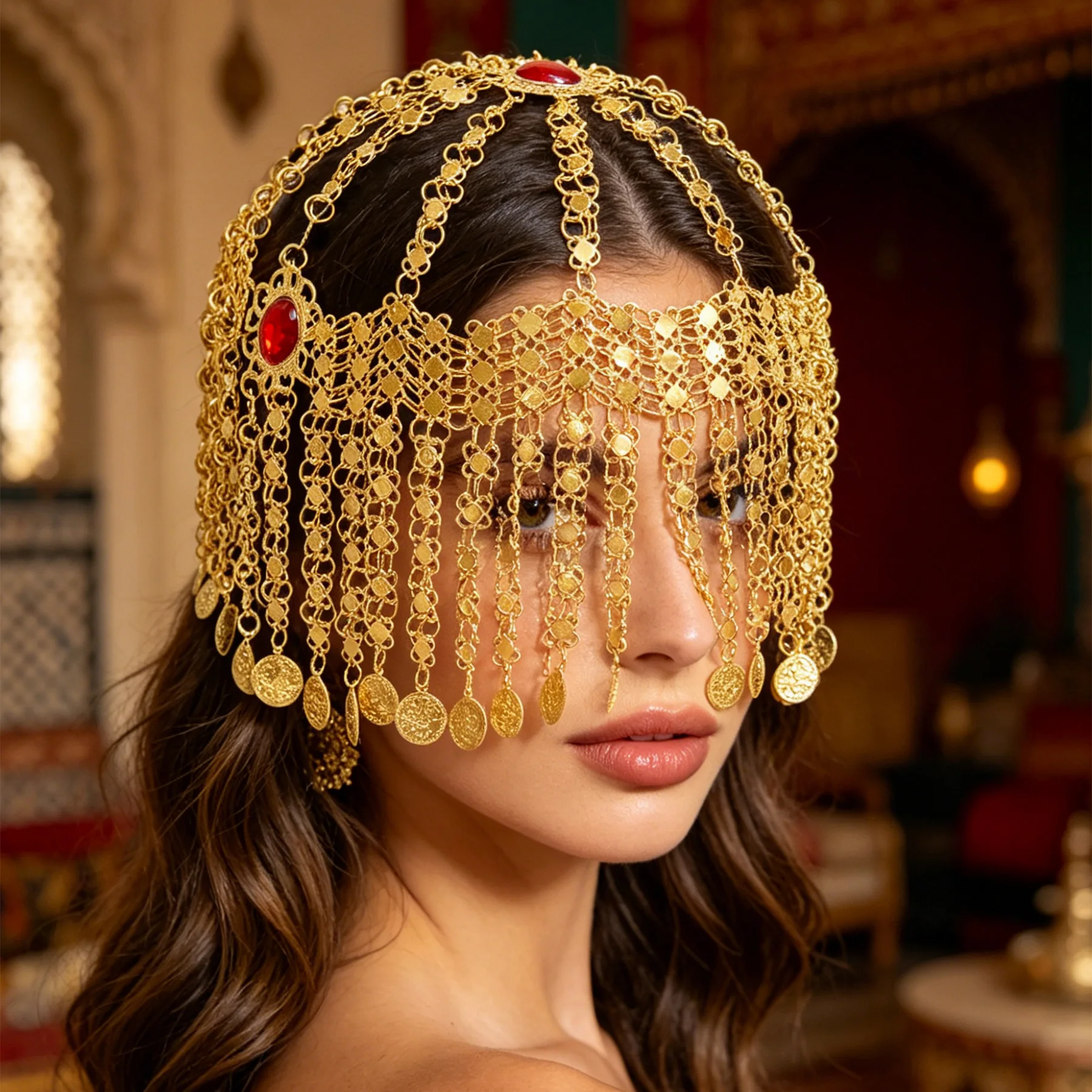 corrente-de-cabeca-longa-Etnica-banhada-a-ouro-com-brilho-moeda-esculpida-em-liga-borla-multicamadas-acessorio-de-joalheria-elegante-para-festas-e-danca-presente