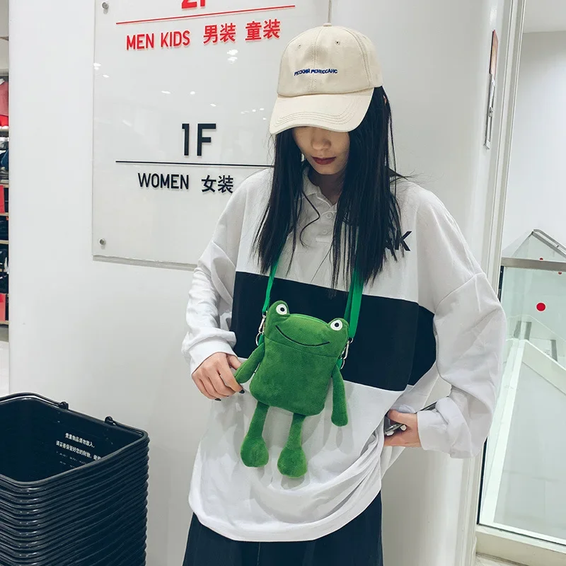 Frog Bag Women Personality Shoulder Messenger Bag Funny Cute Cartoon Green Plush Bag