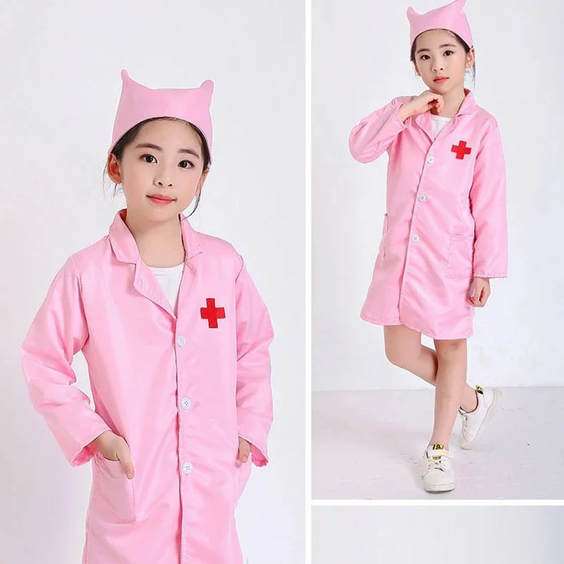 Kids Doctor Nurse Cosplay Coat Girls Boys Doctor Role Play Soft White Pink Coat for Children Stage Performance Cosplay