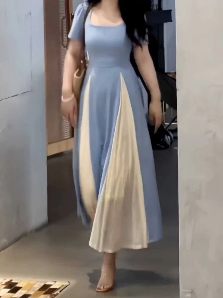 Elegant Mesh Splice Summer Dress Women's A-Line Skirt Slimming Black Dress Commute Korean Style Short Sleeve Long Dress