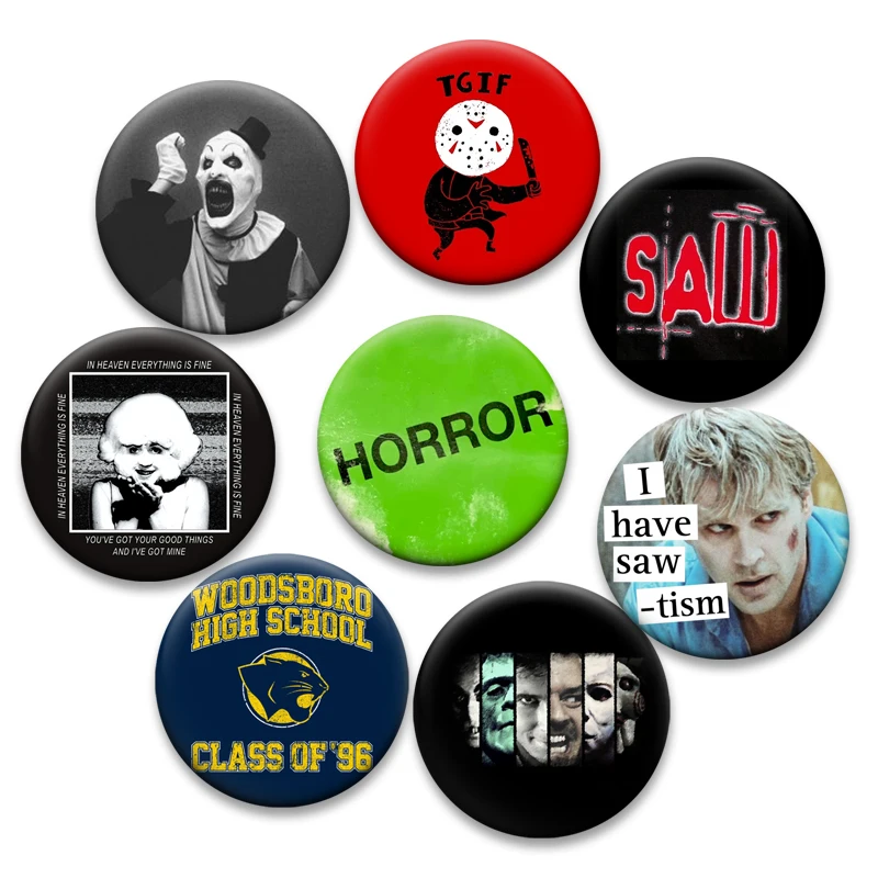 

32/44/58mm Round Snap-in Brooch Horror Movie Element Tinplate Pin for Backpack Accessorie Anime Collection Badge Exquisite Decor