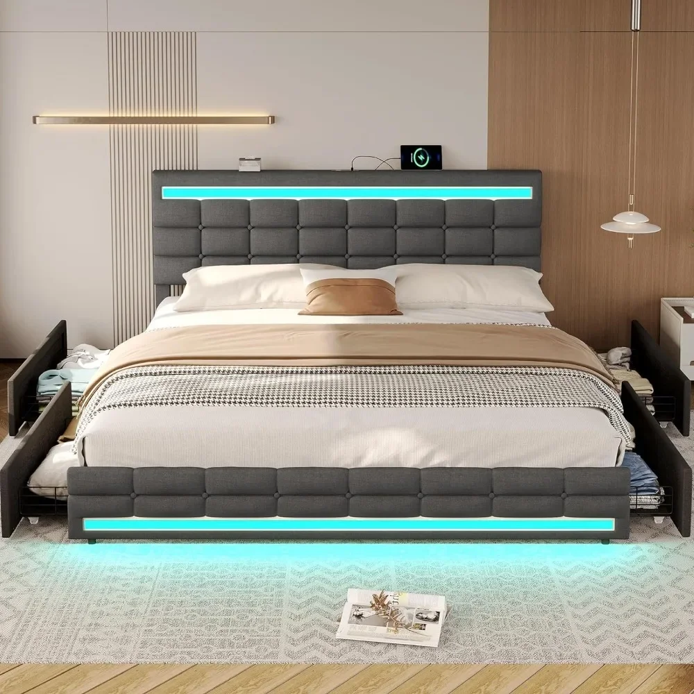 

King Size Bed Frame with LED Upholstered Platform and Storage Drawers, USB Ports, Dark Grey Bed Frame