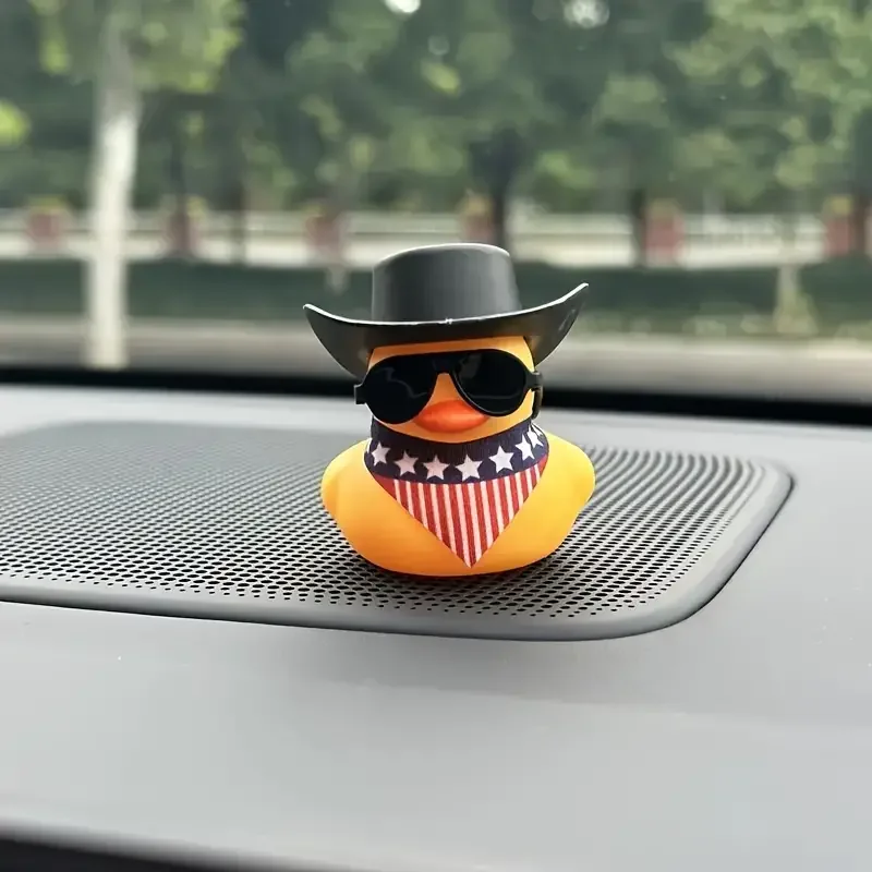 Rubber Cowboy Duck Car Dashboard Decoration - Cute Yellow Duck, Wearing Hat, Sunglasses, and American Flag Headscarf