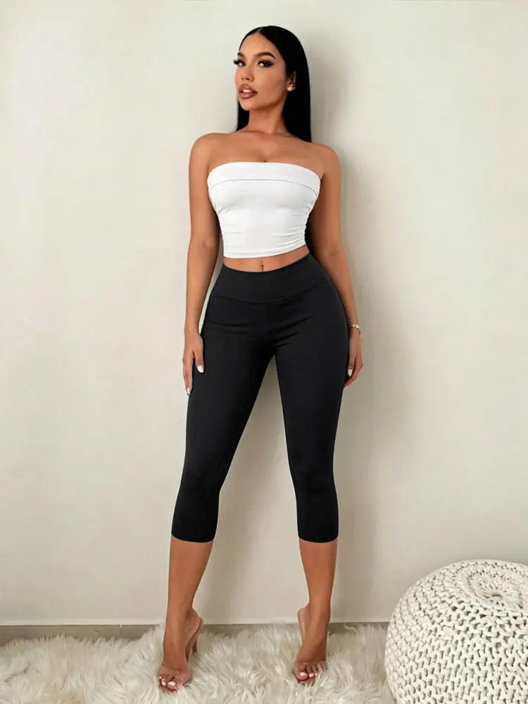 Damen-Leggings im Street-Style mit figurbetonendem Schnitt, modische, kurze 7/8-Länge Hosen, lässige Freizeit-, Fitness-, Yoga- und Sport-Unterteile – Detail 3