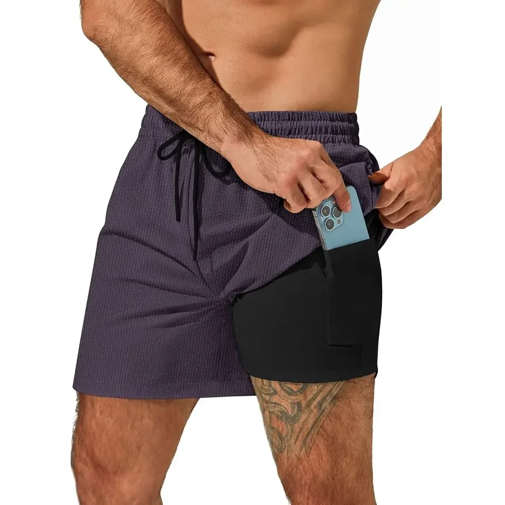 Men's Casual Shorts with Compression Liner Textured Drawstring Elastic Waist Summer Quick Dry Gym Shorts with Pockets
