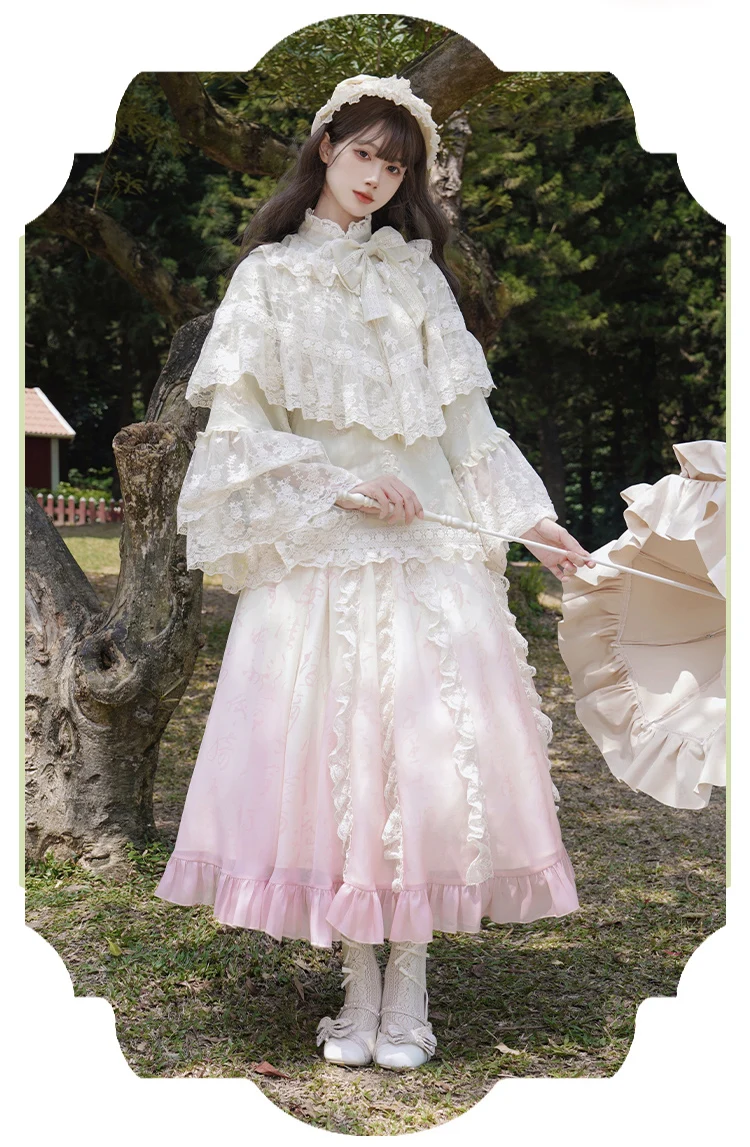 Chinese Lente Herfst Mode Veelzijdige Losse Zoete Lolita Rok Schattig Meisje Hoge Taille A-lijn Geleidelijke Verandering Roze Romantische Rokken