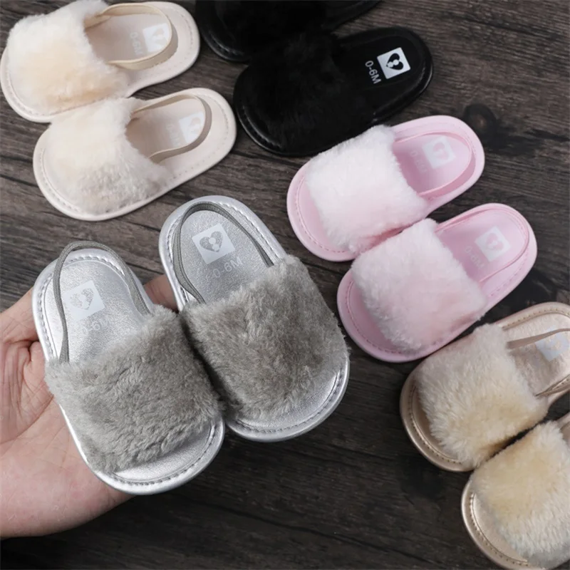 Summer Newborn Infant Baby Girls Soft Sole Sandals Plush Slide Sandal Toddler Sandal Princess Non-slip Crib Shoes