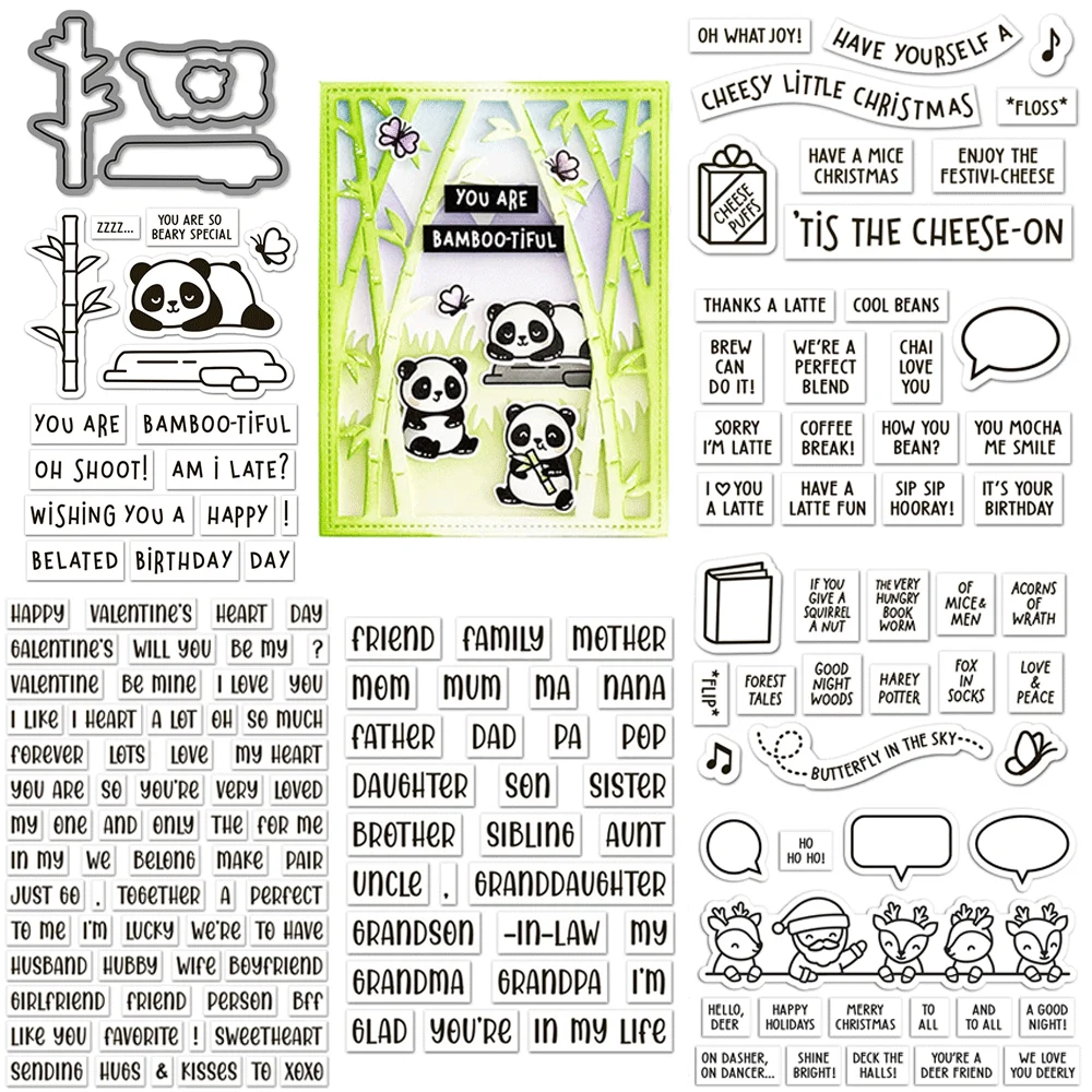 Panda Christmas Clear Stamps & Metal Dies Set, Holiday Sentiment Transparent Stamp for DIY Scrapbooking Card Making Paper Craft