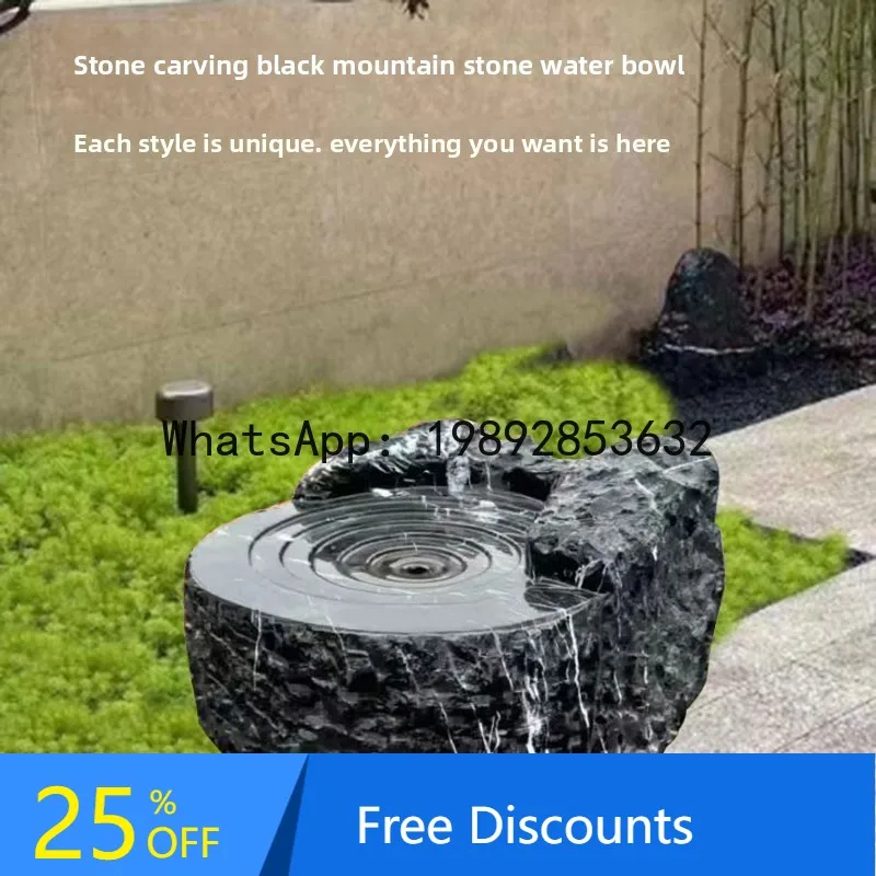 Z4 Carving Japanese Water Feature Fountain Black Mountain Stone Water Bowl Landscape Indoor Flowing Water Marble Hotel Ornament