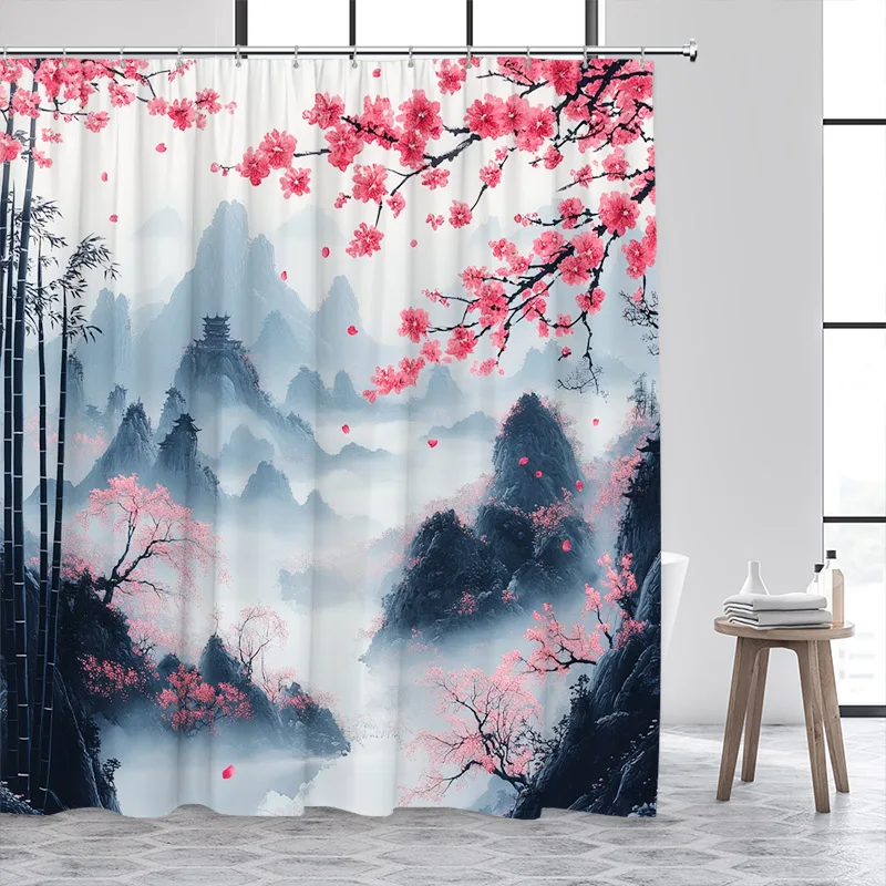 

Abstract Mountain Ink Landscape Shower Curtain Pink Cherry Blossom Flowers Bamboo Japanese Style Bath Curtains Bathroom Decor
