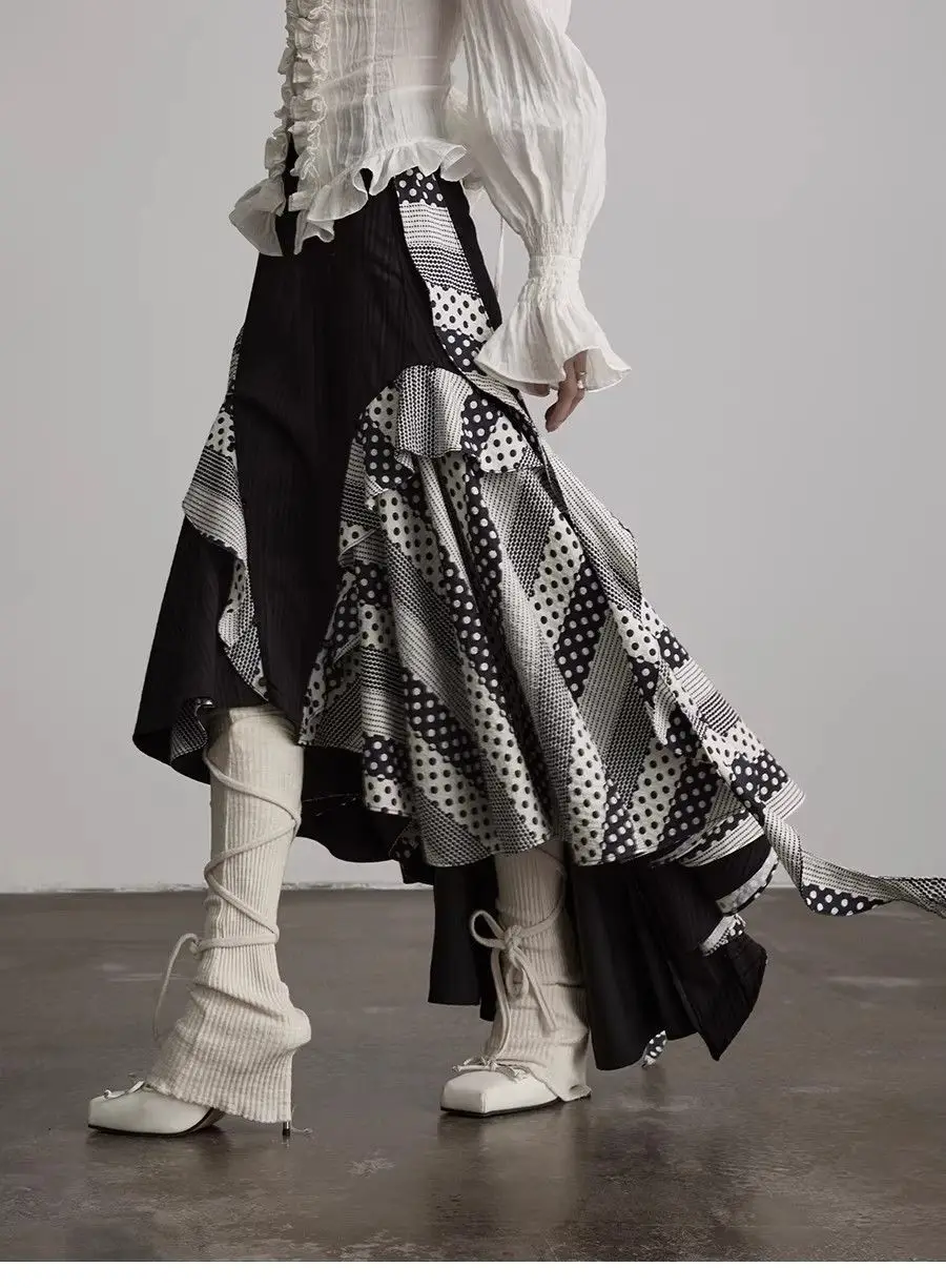 

2026 Faldas Mujer De Moda Fashion Skirts Women's Clothing High Waist A-line Jupe Casual Saia Patchwork Polka Dot Irregular Skirt
