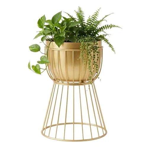 Simple Metal Planter Stand Floor-Standing Flower Pot Display Stands Elegant Vase Holder Rack for Living Room Office Bedroom (short black) (Short gold)