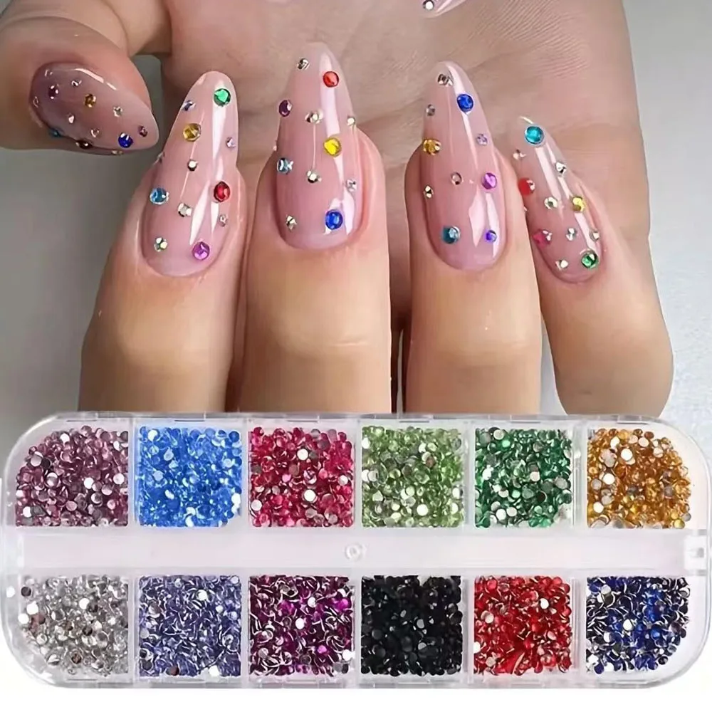 2 caixas de strass com parte traseira lisa com ferramentas pontilhadas de ponta dupla, pedras preciosas de diamante de cristal colorido para manicure, artesanato, decoração de arte de unha