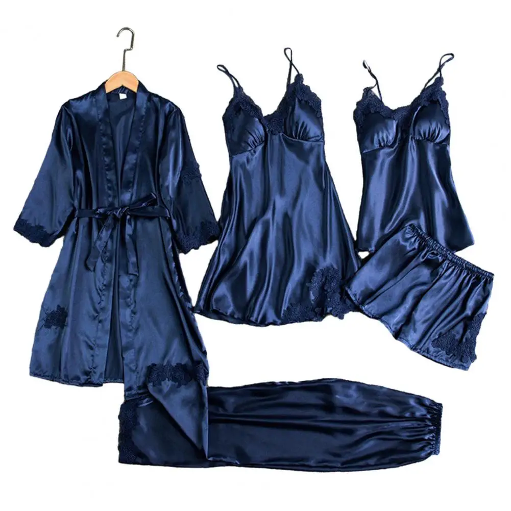 5 Pcs/Set Pajamas Set Nightgown Nightdress Top Shorts Pants Set Silky Satin Lace Patchwork Lace-up Waist Thin Sleepwear Set