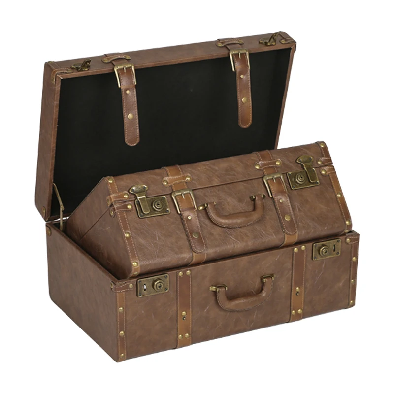 Customized Vintage Travel Suitcases PU Leather Home Hand Clothing Luggage Organizers Boxes Large Capacity Wood Box Prop Suitcase