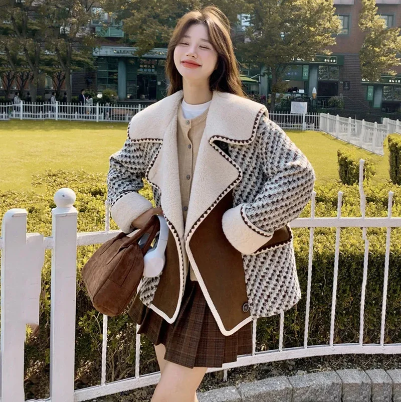 

2024 Autumn Winter Womens Warm Woolen Coat Jacket Female Loose Patchwork Thickened Locomotive Lapel Chic Outwear