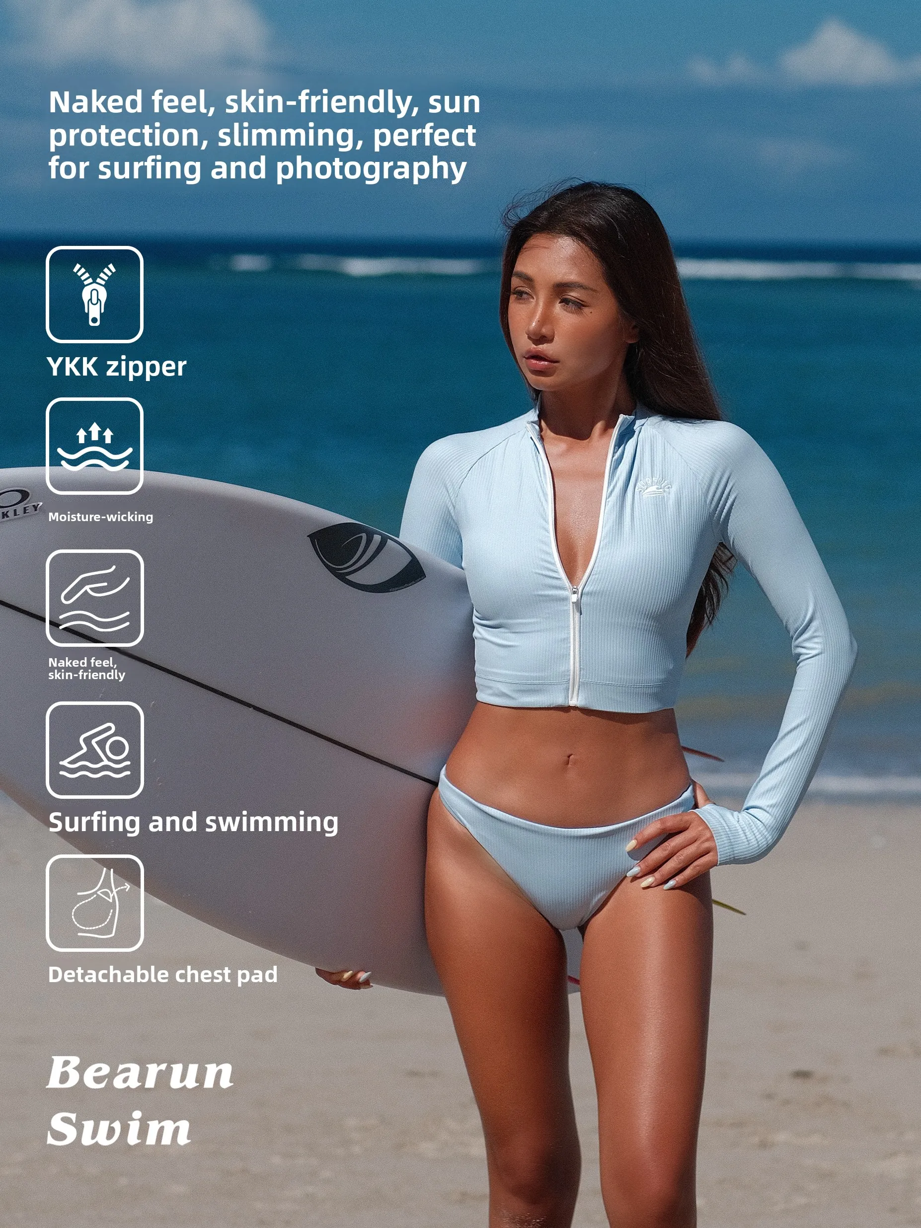 BEARUN SWIM Long Sleeve Yoga Surfing Bikini Women's Two Piece Swimsuit Beach Vacation Material with Chest Pad No Steel Support