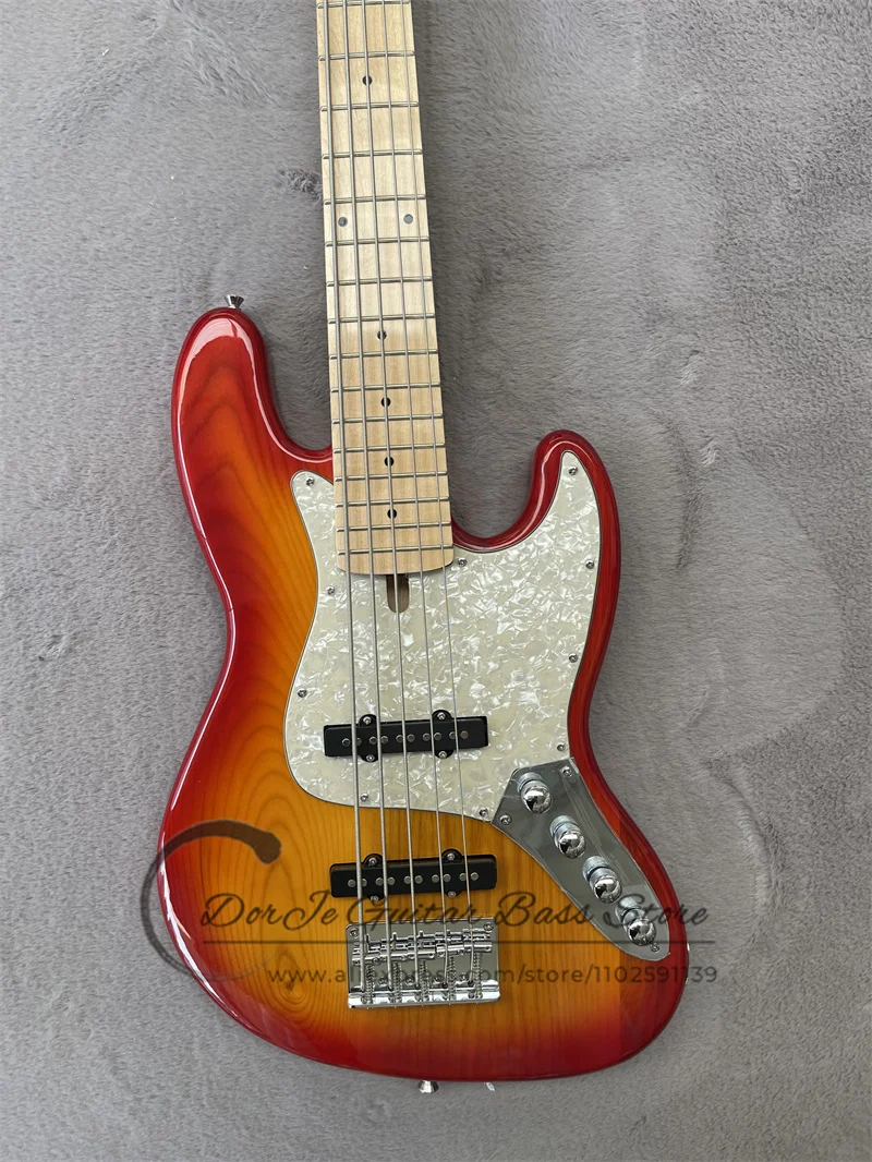 5 Strings Cherry Sunburst Bass Guitar ASH Wood Body Maple Neck Tail Adjustment Yellow Pearl Pickguard Active Battery