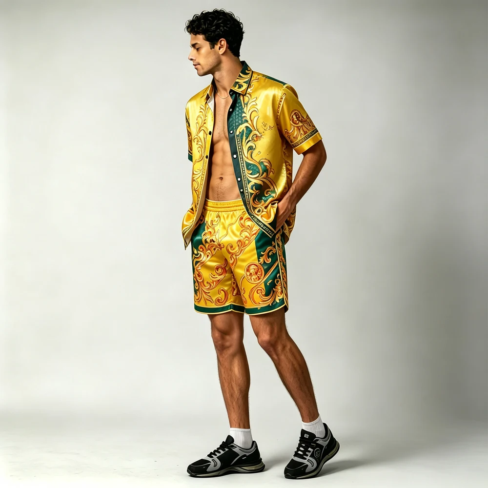 2026 Summer Charm Men's Short-Sleeve Shirt with Irregular Geometric Baroque Pattern Print Outdoor Party Casual Festival Gift Men