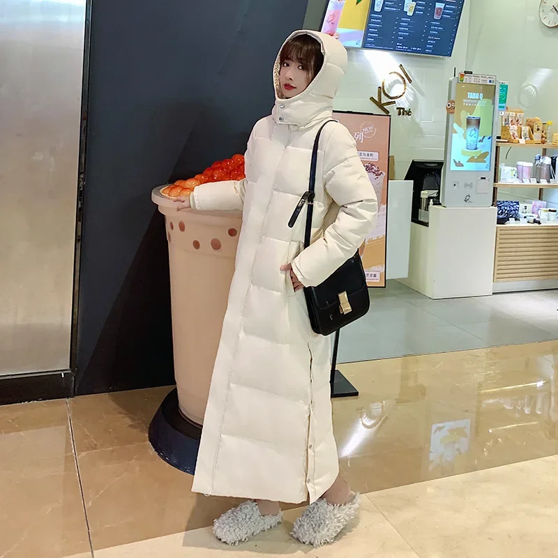 Korean Version of Loose Super Long Warm Down Jacket, Winter New Solid Color Thick Casual Stand Collar Hooded Padded Coat Women