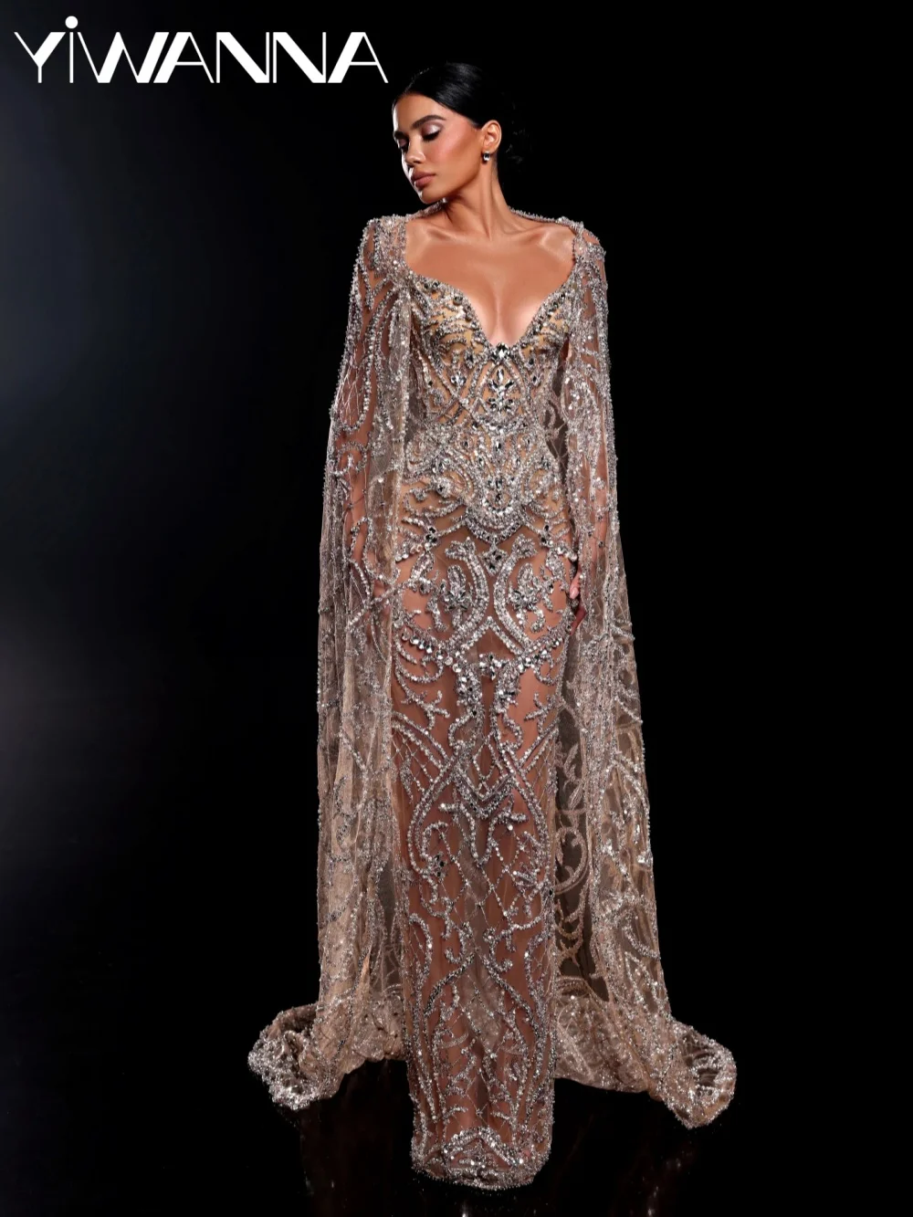 

Illusion Silver Embroidery Wedding Dress With Cape Sparkling Crystal Straight Long Bridal Gown New Customized Dresses For Bride