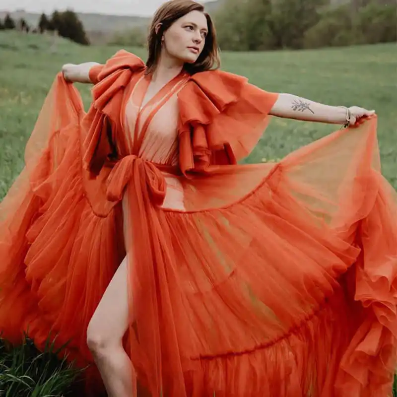 Maternity Dresses Tulle Robe Off Shoulder Photoshoot Women Prom Gown Pregnancy Ruffled Tiered Front Split Sleepwear Nightwear