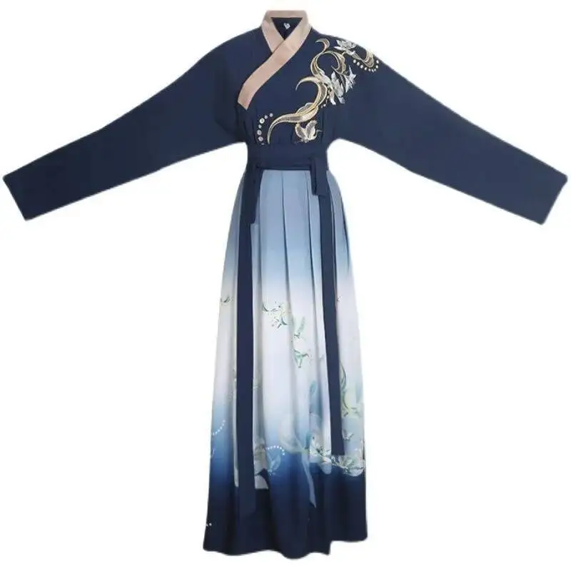 النمط الصيني زوجين CP Hanfu الرجال والنساء عبر الرقبة التطريز قطعتين مجموعة من الملابس الطباعة التدرج فئة الطلاب