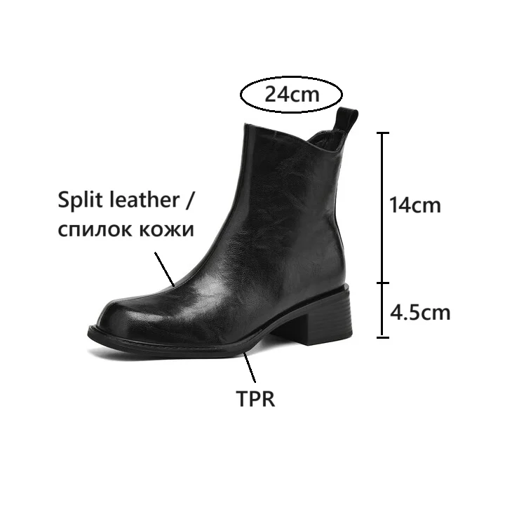 NEW Autumn Women Boots Split Leather Shoes for Women Round Toe Chunky Heel Shoes Zipper Chelsea Boots Casual Black Ankle Boots