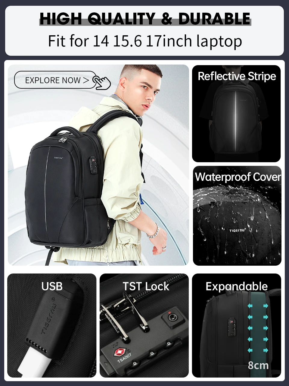 Tigernu Herren Rucksack 15 17 19 Zoll Laptop Rucksack für Männer für Frauen Business Rucksack Schultasche Reiserucksack Taschen Rucksack – Detail 1