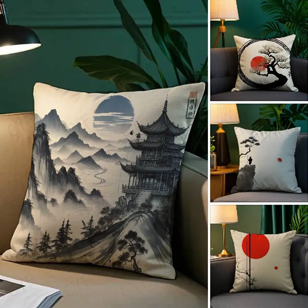 

Chinese ink painting style Pillow Case Custom Printed Brushed Fleece Pillow, Baby Skin-Touch, Eco-Friendly Dye-Sublimation Cushi