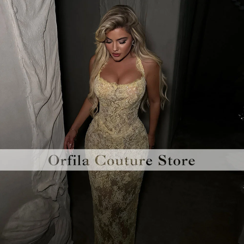 Robes de soirée jaunes modestes, col licou, dentelle, sirène, robes de bal fendues, occasions formelles, robe de soirée arabe personnalisée