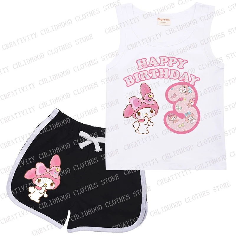 2024 My Melodys Children Sports Suit New Birthday Number 1-14 Kids Vest & Shorts Cartoon Casual Clothes Sleeveless Girl Boy Sets