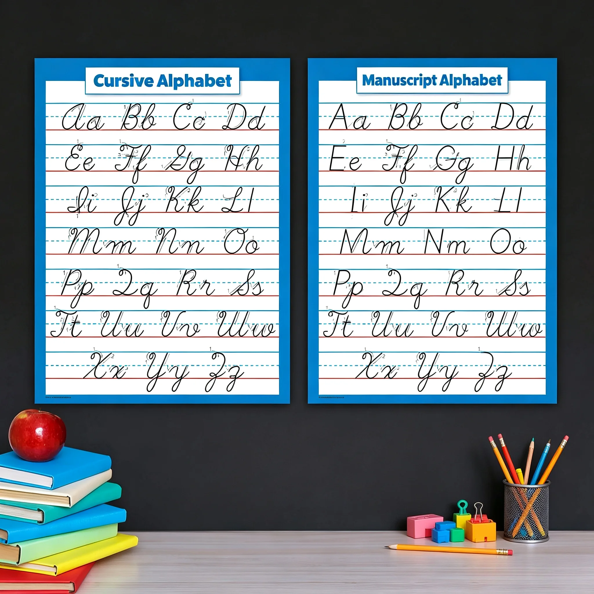 Educational English Alphabet Chart Frameless Poster, Cursive Manuscript Letter Wall Hanging Print, Home Study Wall Poster