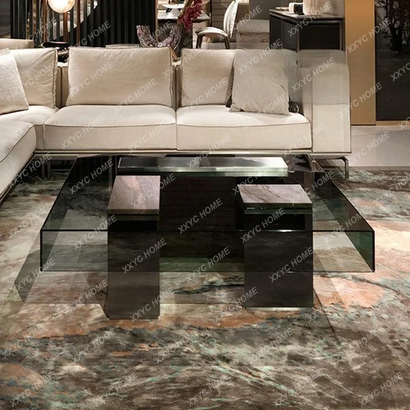 A  Light Luxury Coffee Table Stainless Steel Square Living Room Simple Modern Tempered Glass Table