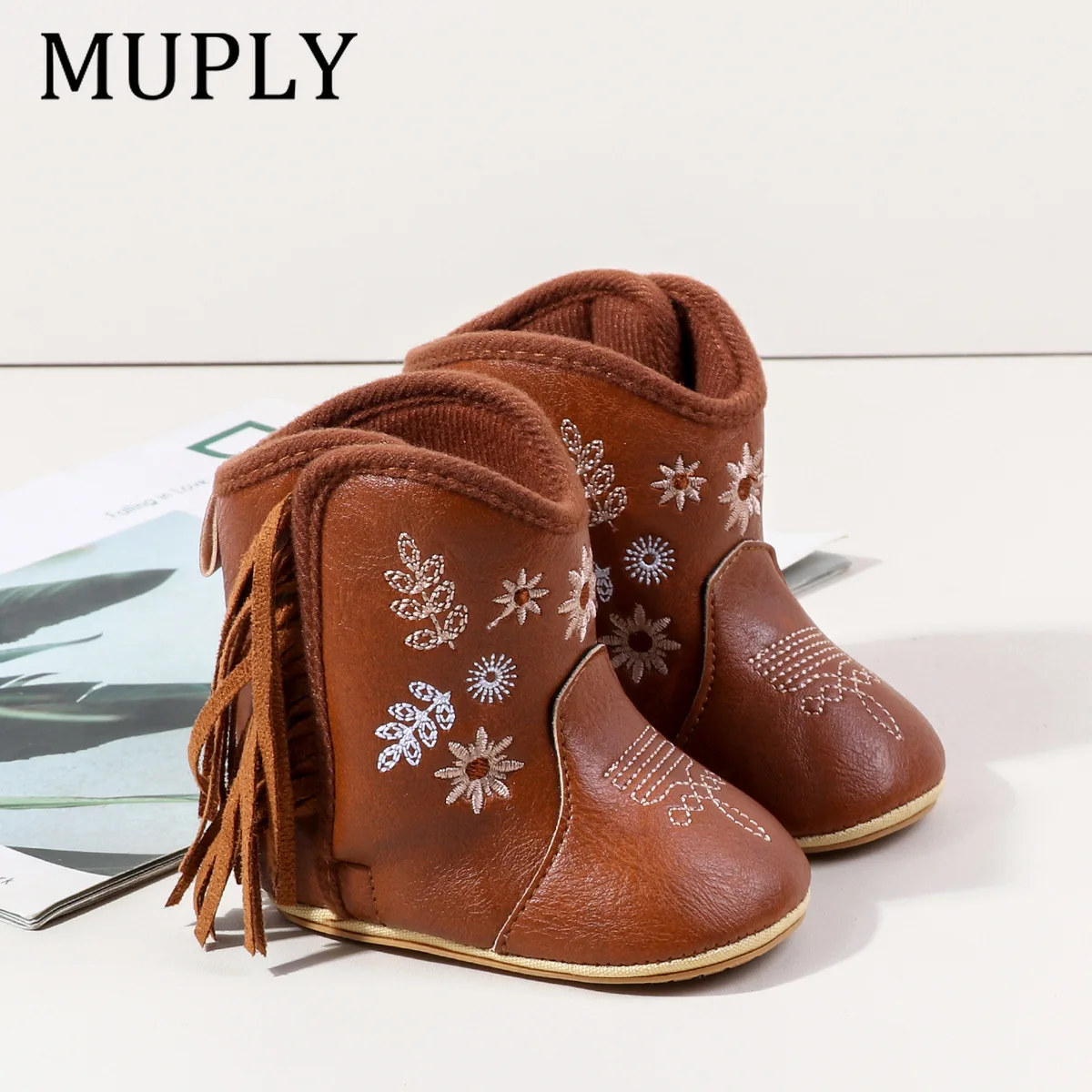 Baby Girls PU Boots Flower Embroidery Leather Western Boots Cowboy Bootie Soft Sole Non-Slip Crib Shoes for Baby Infant
