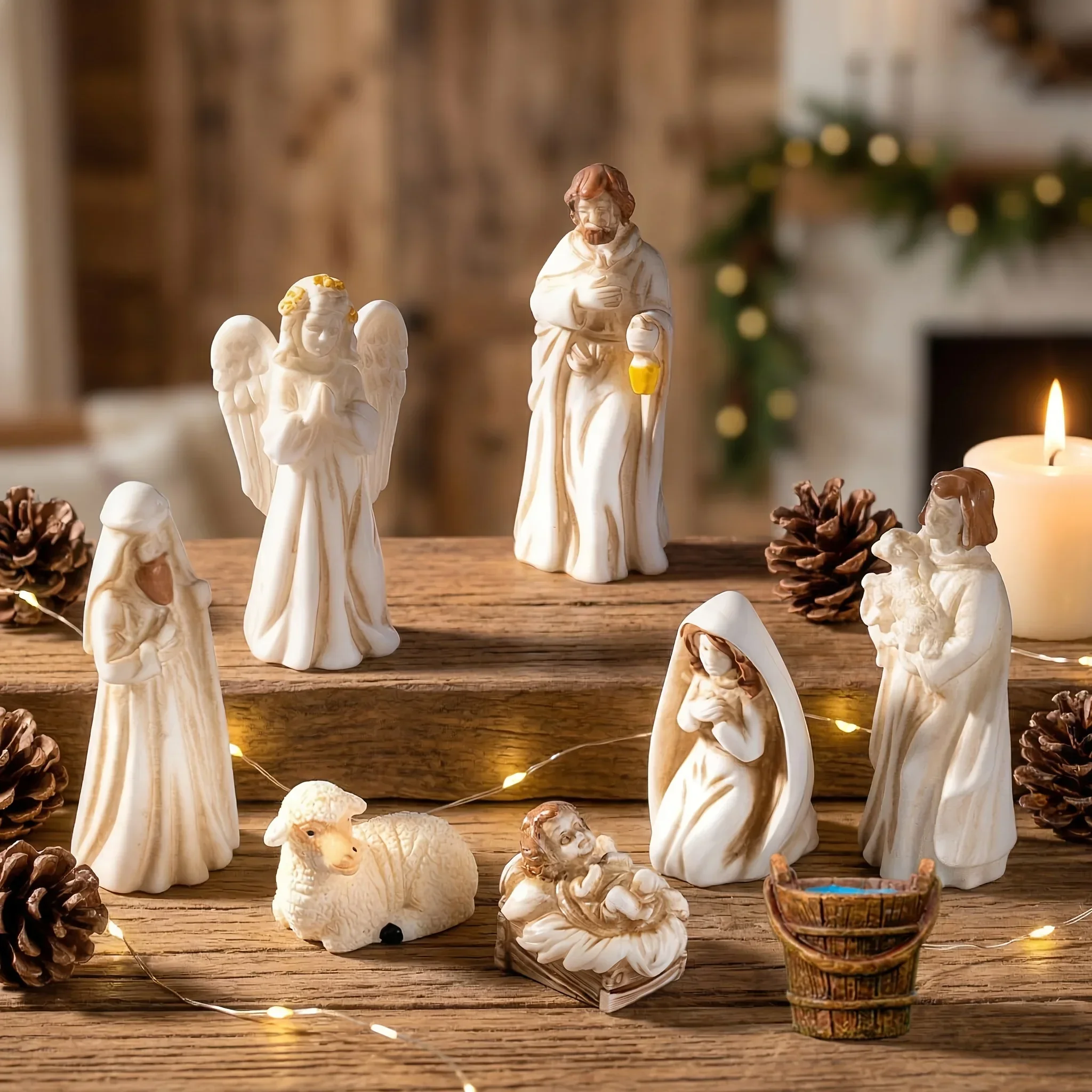 7pcs  Christmas Resin Saints Mary Joseph Baby Jesus Angel Sheep Statues Desktop Micro Landscape Resin Small Ornaments