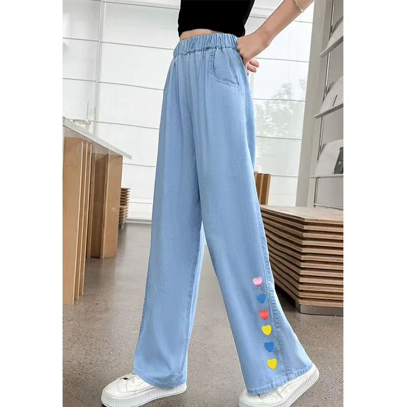 Girls Tencel Jeans Summer Sun-Protective Long Pants for Older Children Lightweight Girls' Anti-Mosquito Straight-Leg Pants Kids
