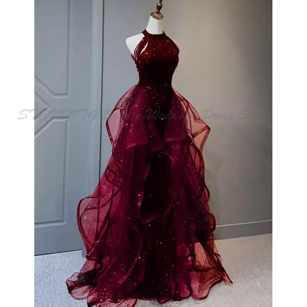 Red Evening Dresses Prom High Neck Sleeveless A Line Tiered Sexy Set Formal Event High Quality Flowing Floor Length Party Gowns