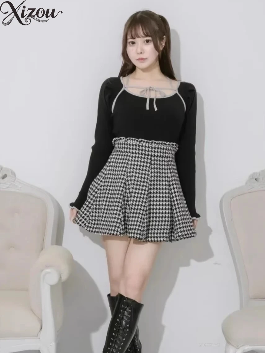 Sweet Vintage Preppy Women Houndstooth High Waist A-line Mini Cake Skirt Autumn Spring Slim Office Lady Summer 2025 Japanese