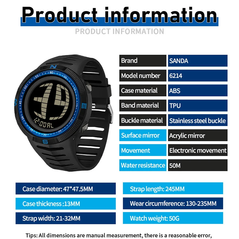 SANDA Top Brand Sports Men's Watches Fashion Countdown 50M Waterproof LED Digital Watch Man Military Wristwatch Electronic reloj