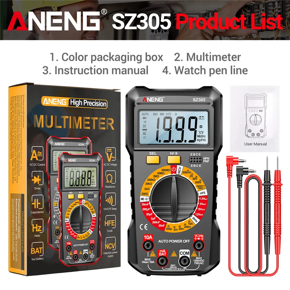 ANENG SZ305 Digitale Multimeter Professionele AC/DC Spanning Ampèremeter Condensator hFE Triode NCV Spanning Inductie Elektricien Tester