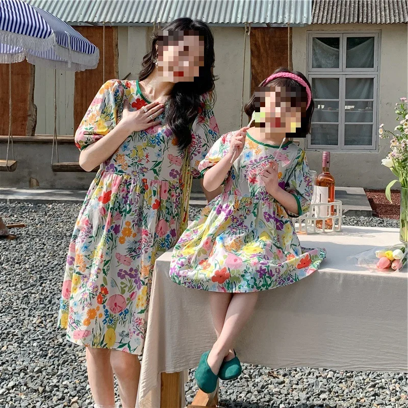 Mother and Daughter Matching Outfits Floral Round Neck Dress Princess Dress25Summer New Foreign Trade Children's Wear Delivery