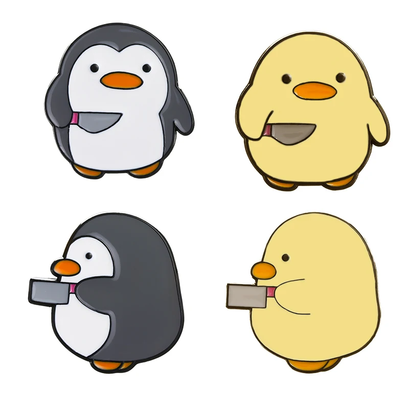 Ducklings Penguin Enamel Pins Cute Animal with Dagger Knife Brooches Bag Clothes Lapel Badges Jewelry Gift for Friends