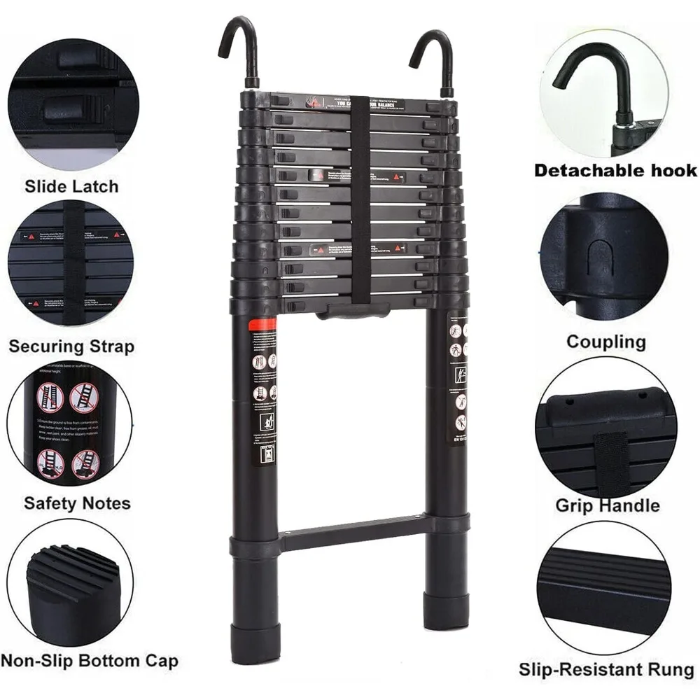 Scala telescopica in alluminio 16,4FT pieghevole, portatile, scala di estensione multiuso per casa, loft, progetti fai da te per ufficio, nero,