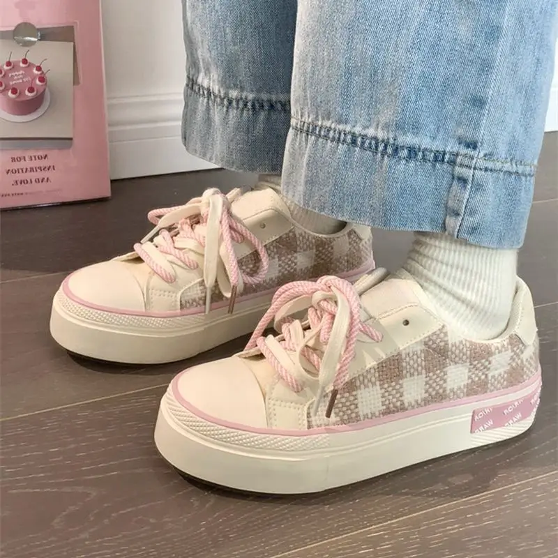 

SHANPA College Style Canvas Shoes Lightweight Versatile Breathable Womens Casual Shoes Comfortable Plaid Pattern Ladies Shoes