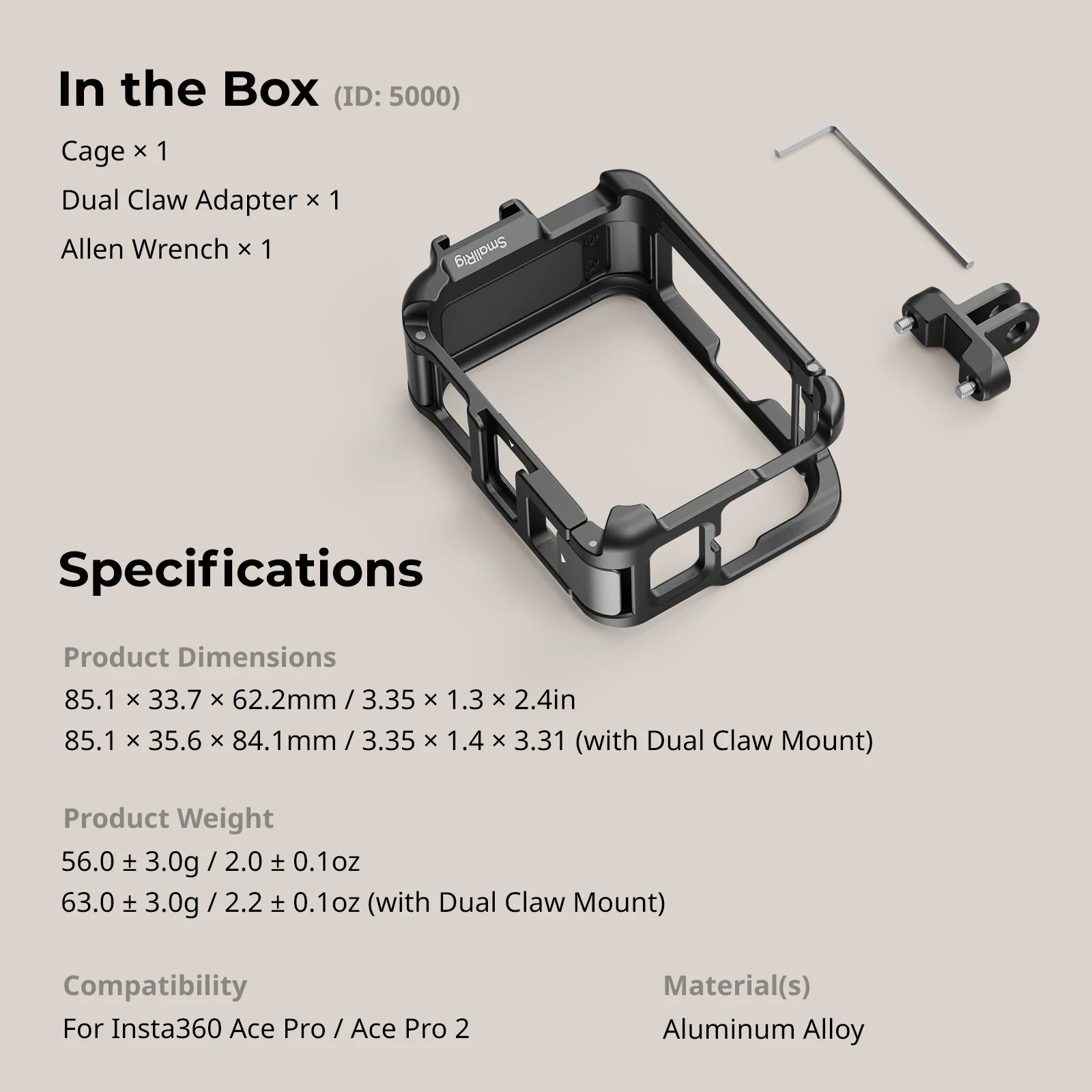 SmallRig actiecamerakooi voor Insta360 Ace Pro 2 / Ace Pro ondersteunt horizontale en verticale opnamen met montageklauw koude schoen