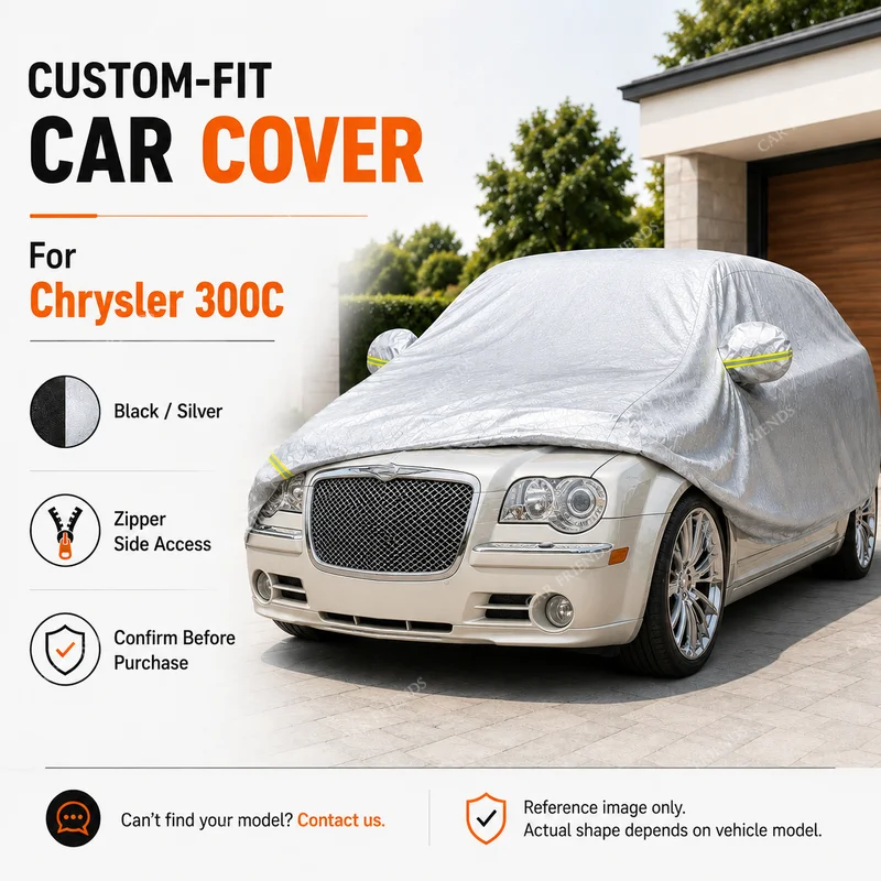 For Chrysler 300C Custom Fit Full Car Cover Silver-Coated Oxford Fabric Side Zipper Access UV Protection Outdoor Parking