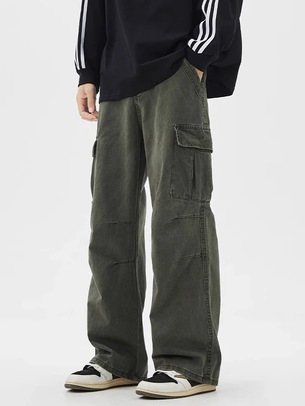 الرجعية الأمريكية ملابس العمل السراويل الرجال ربيع 2025 فضفاض واسعة الساق عادية الدينيم الجينز متعدد كيت الترفيه مستقيم قطع الجينز