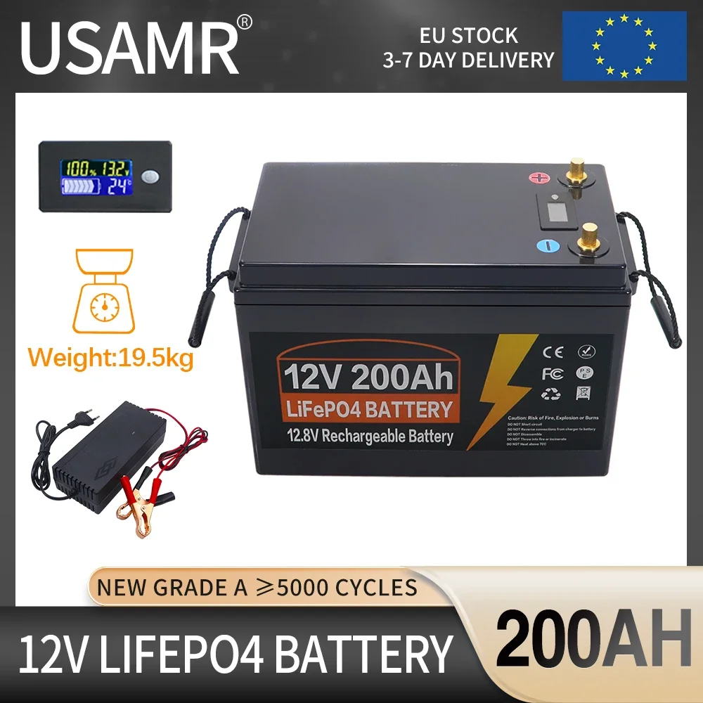 

12V 200ah Lifepo4 Lithium Iron Phosphate Rechargeable Battery Pack Built-in BMS For Outdoor Camping,Golf Cart,Solar With Charger