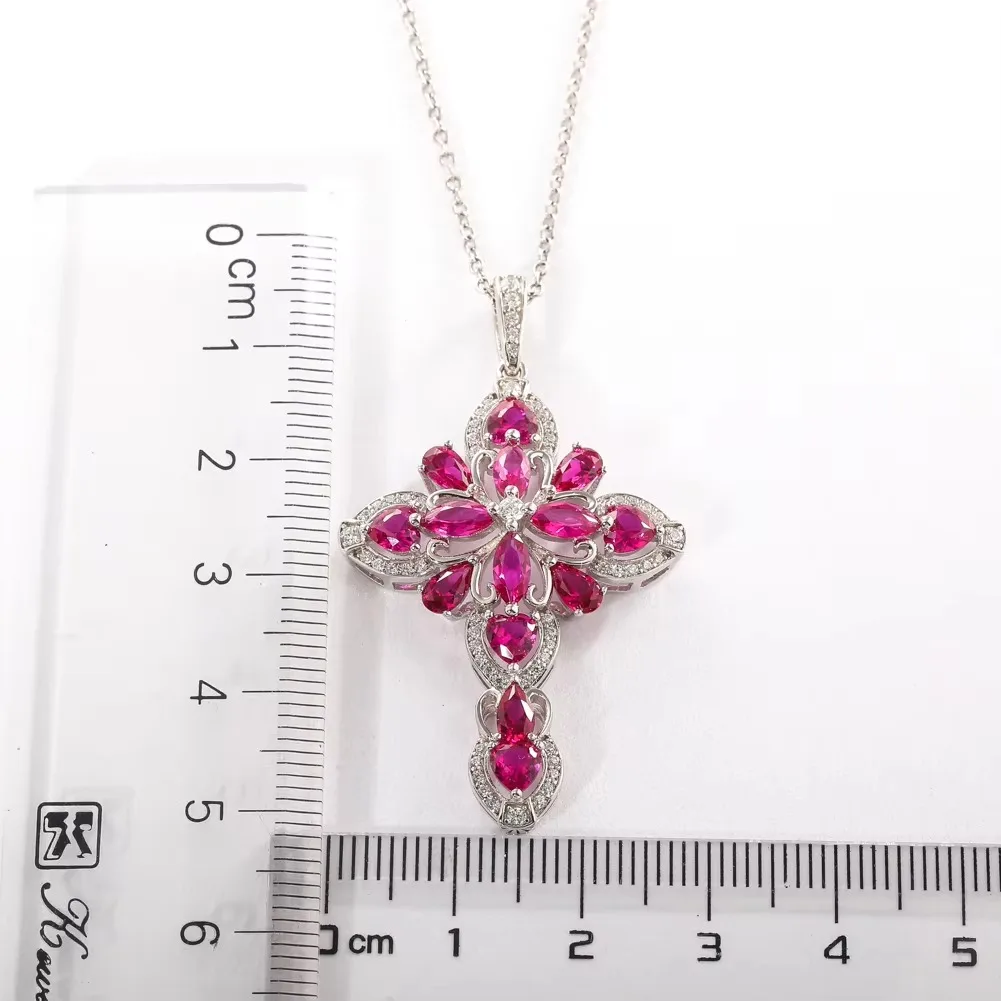 GZ ZONGFA Genuine 925 Sterling Silver Cross Pendant for Women  Created Ruby Big Cross Necklace Rhodium Plated Fine Jewelry